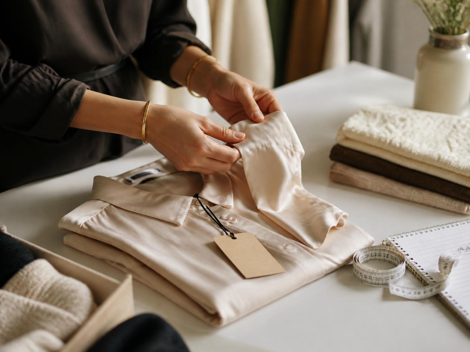 Close-up of hands inspecting a folded silk secondhand blouse with hangtag, measuring tape, and grading notebook