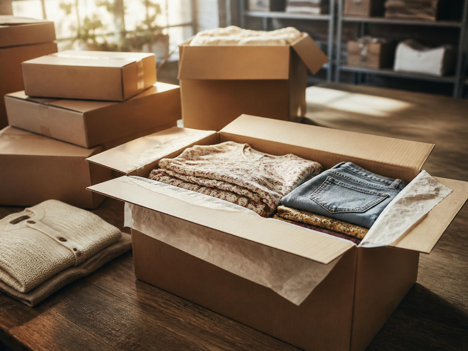 Neatly packed cardboard wholesale cases of folded secondhand women's dresses and denim on a warehouse packing bench in Miami