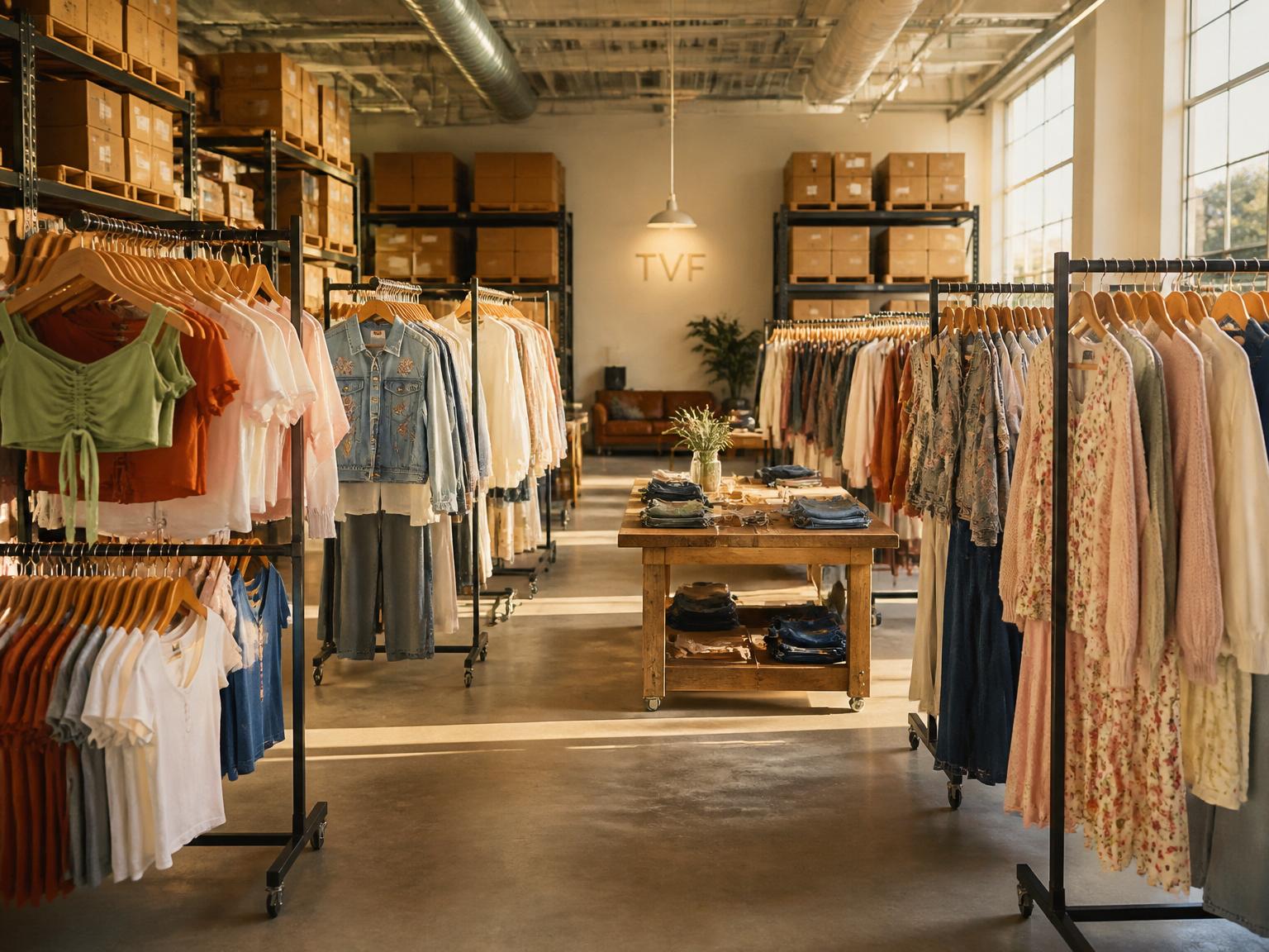 TVF Miami wholesale warehouse floor with racks of curated secondhand women's dresses, denim and tops under natural light