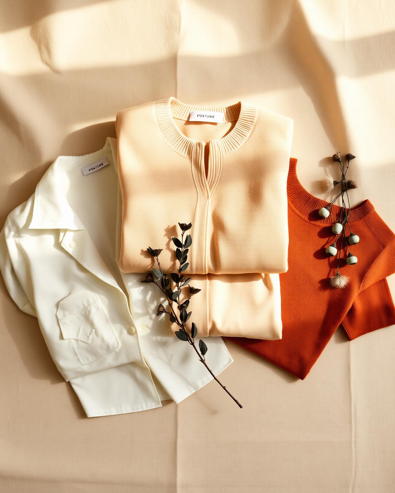 Editorial flat lay of folded women's silk blouse, cashmere sweater and terracotta knit tee on linen