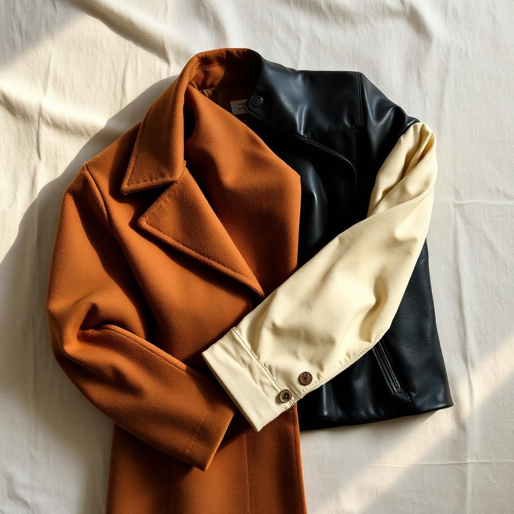 Folded wool coat and leather jacket in camel, black and cream